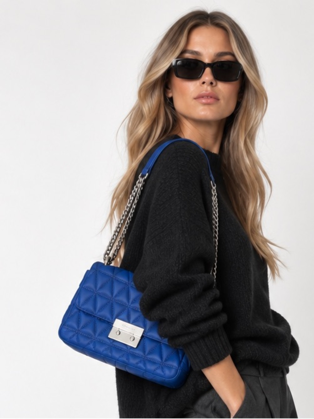 Michael Kors Royal Blue quilted Leather Chain Shoulder Flap Bag Silver Hardware